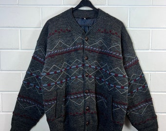 Vintage lined Wool Jacket Size M crazy pattern lined Knit Cardigan 80s 90s