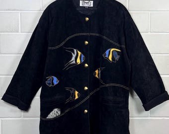 Vintage Dino'z Women’s Size M - L Suede Leather Jacket Fish 80s 90s