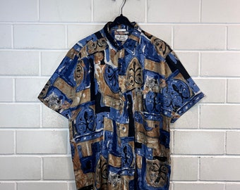 Vintage Silk Shirt Size L crazy pattern Seide Hemd unisex Bluse Kurzarm Shortsleeved 80s 90s