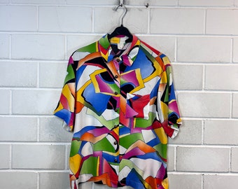 Vintage blouse dames maat L gekke patroon blouse abstracte korte mouw korte mouwen jaren '80 jaren '90