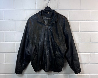 vintage Femme Taille M - L Veste en cuir Blouson motif Bomber veste en cuir noir années 80 90