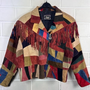 Vintage Wildleder Lederjacke Damen M Multicolor Patchwork Fringe Jacket Boho