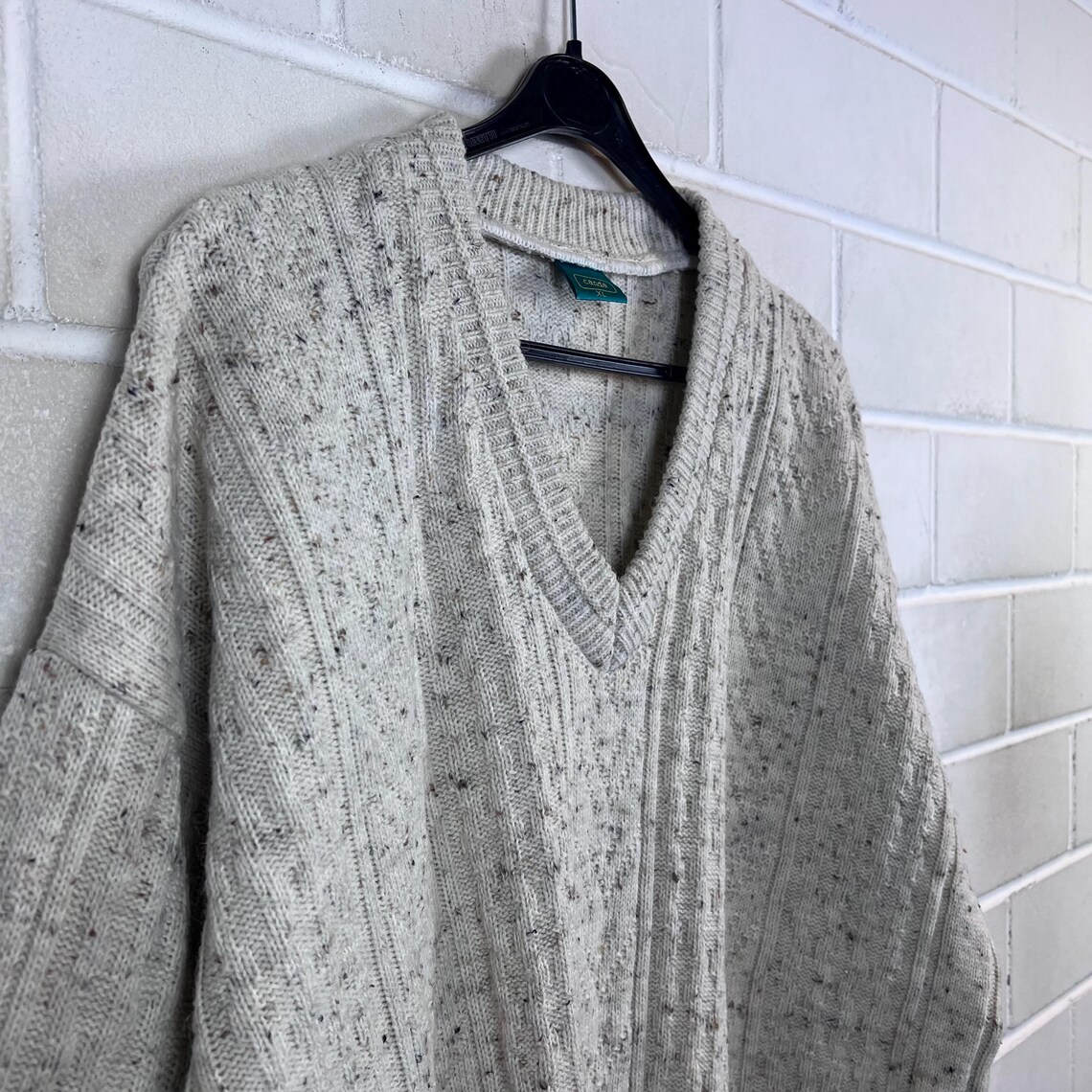 90s V-Neck Pullover Beige Melange Strickpullover XL Wool Blend Vintage Sweater, Foto 3 von 5