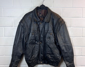 veste en cuir vintage Taille M/L Leather Blouson Bomber Jacket noir années 80 90