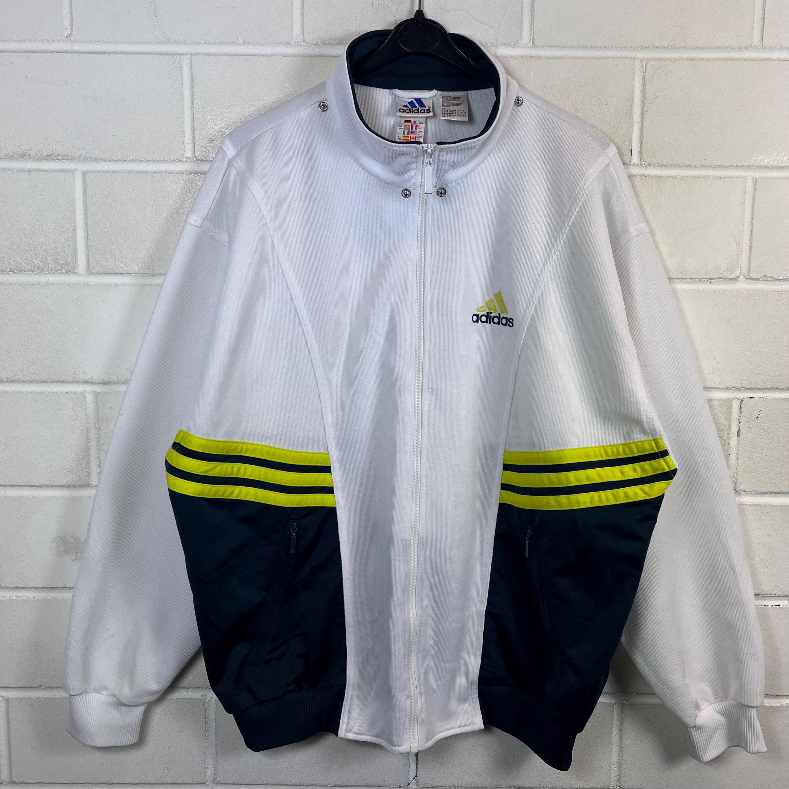 Vintage 90s Adidas Track Jacket Men L XL White Navy Neon Yellow