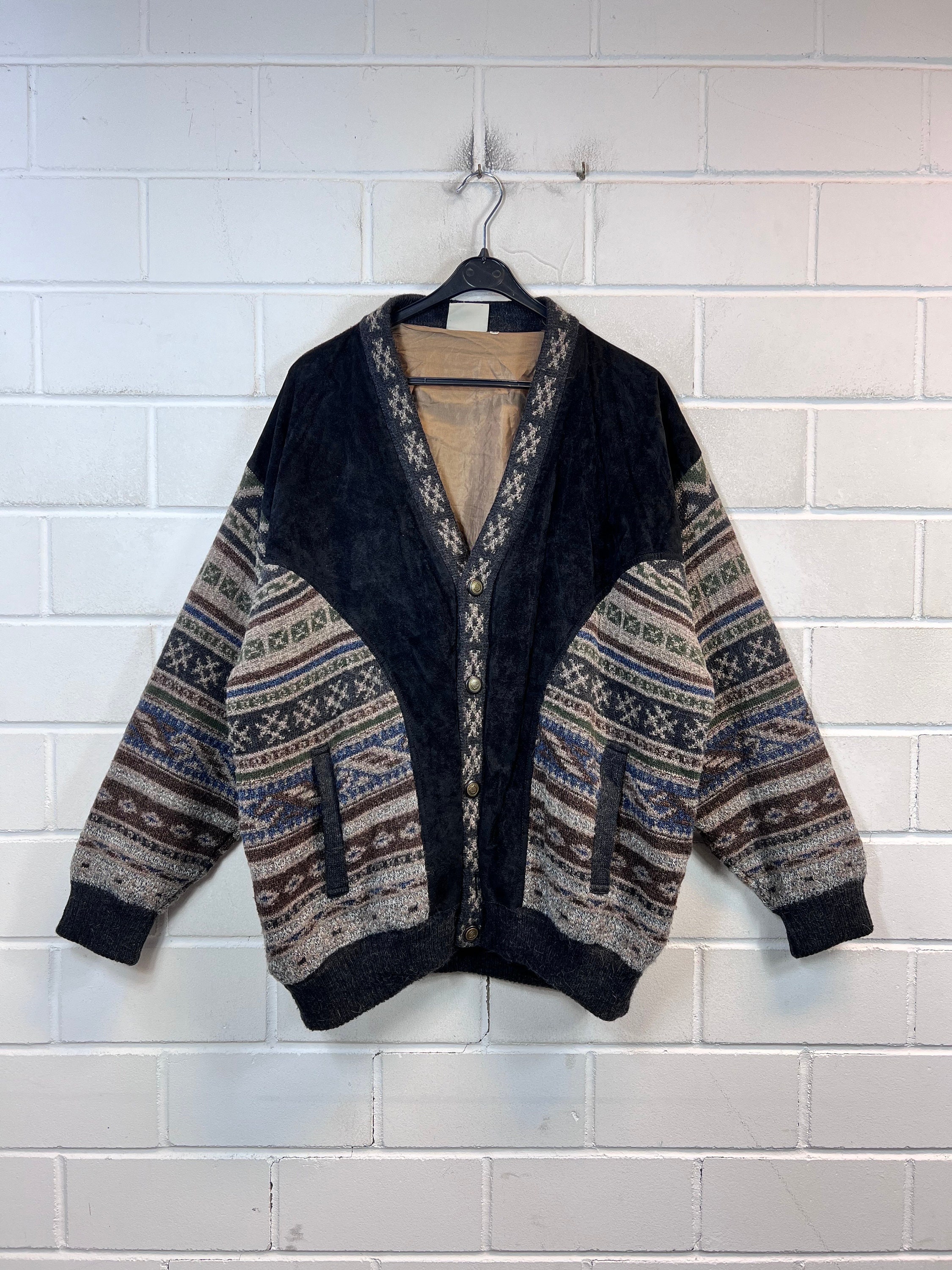 Buy Vintage Size XL Lined Cardigan Crazy Pattern Knit Jacket Wool Suede  Leather Look 80s 90s Online in India - Etsy