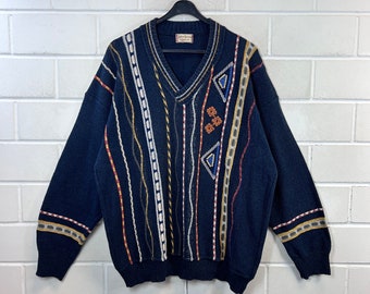 Vintage Pullover Size XL crazy pattern Knit Sweater Jumper Embroidered V-Neck 80s 90s