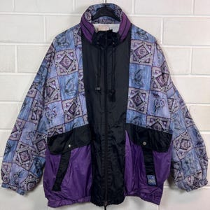 Vintage Windbreaker 90s Jacket L Purple Black Pattern Jacket Lightweight Shell Jacket