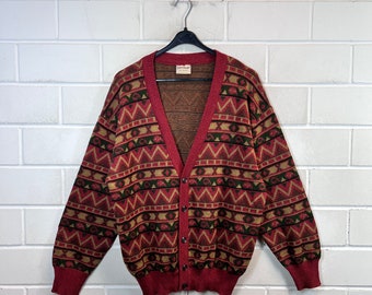 Vintage Cardigan Tamaño L patrón loco Chaqueta de punto cardigan 80s 90s