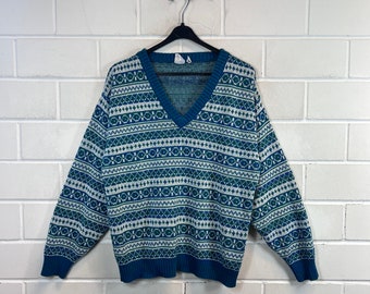 Vintage Pullover Size M crazy pattern Knit Sweater Jumper V-Neck 80s 90s