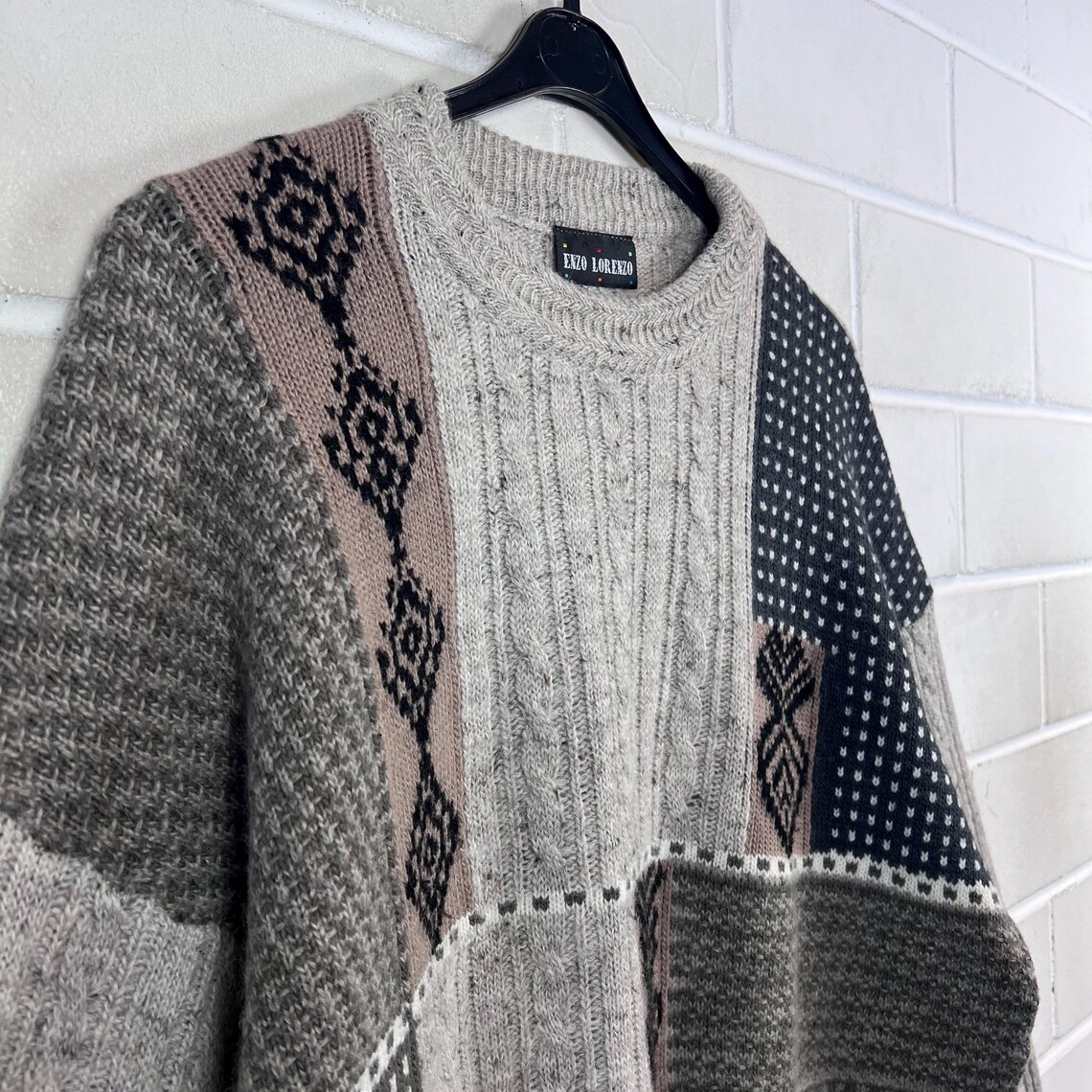 90s Vintage Strickpullover Enzo Lorenzo Patchwork Muster Beige Grau Schwarz | Wool Blend Knit Sweater L Oversize, photo 3 sur 5