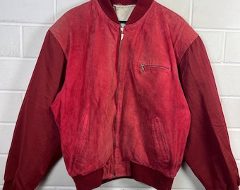 Vintage rode leren bomberjack | Jaren 80 patchwork leren jack | Unisex statementjack | Zeldzaam vintage model | Maat M - L