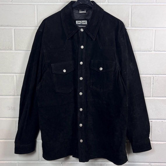 Vintage Suede Leather Shirt L – Wildlederhemd Black 90s Y2K – Genuine Leather Overshirt Jacket