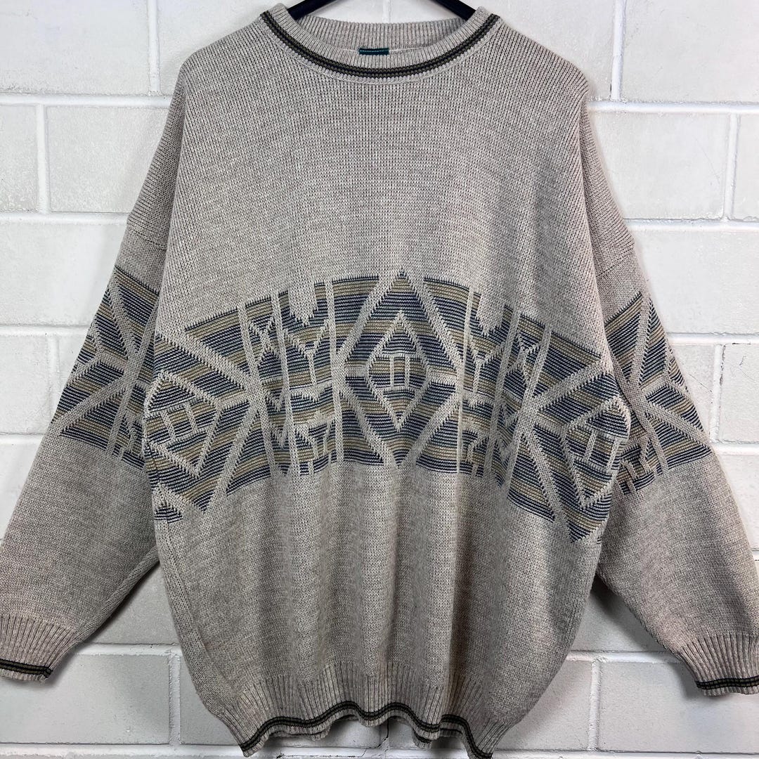 90s Aztec Pattern Sweater XXL – Vintage Oversize Knit Pullover Beige ...