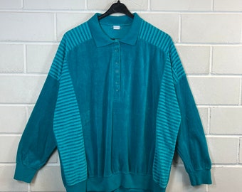 Vintage Frottee Samt Polo Sweater Women’s Size XL Pullover Buttons turquoise 80s 90s