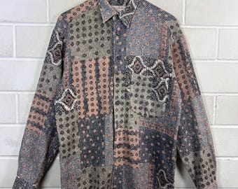 Vintage 90s Waffle Shirt Patchwork Print Baumwolle Hemd Grau Beige Rosa S