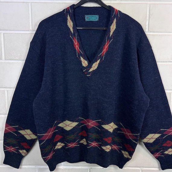 Vintage 90s Jockey V-Neck Pullover L – Argyle Muster Strick – Navy Blau Herren Sweater Alpaka Wolle
