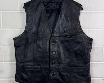 Kamizelka skórzana w stylu vintage, czarna, XL, minimalistyczna, z prawdziwej skóry, kamizelka motocyklowa z lat 90.