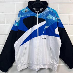 90s Adidas Windbreaker Jacket Blue White Black Colorblock Shell Jacket Oversized Vintage Adidas Sport Jacket L XL