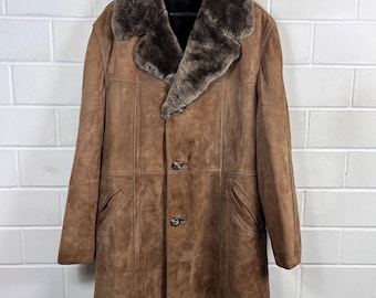 Vintage suede coat for men, size L – Lined suede leather coat with teddy lining – 80s shearling style – Brown