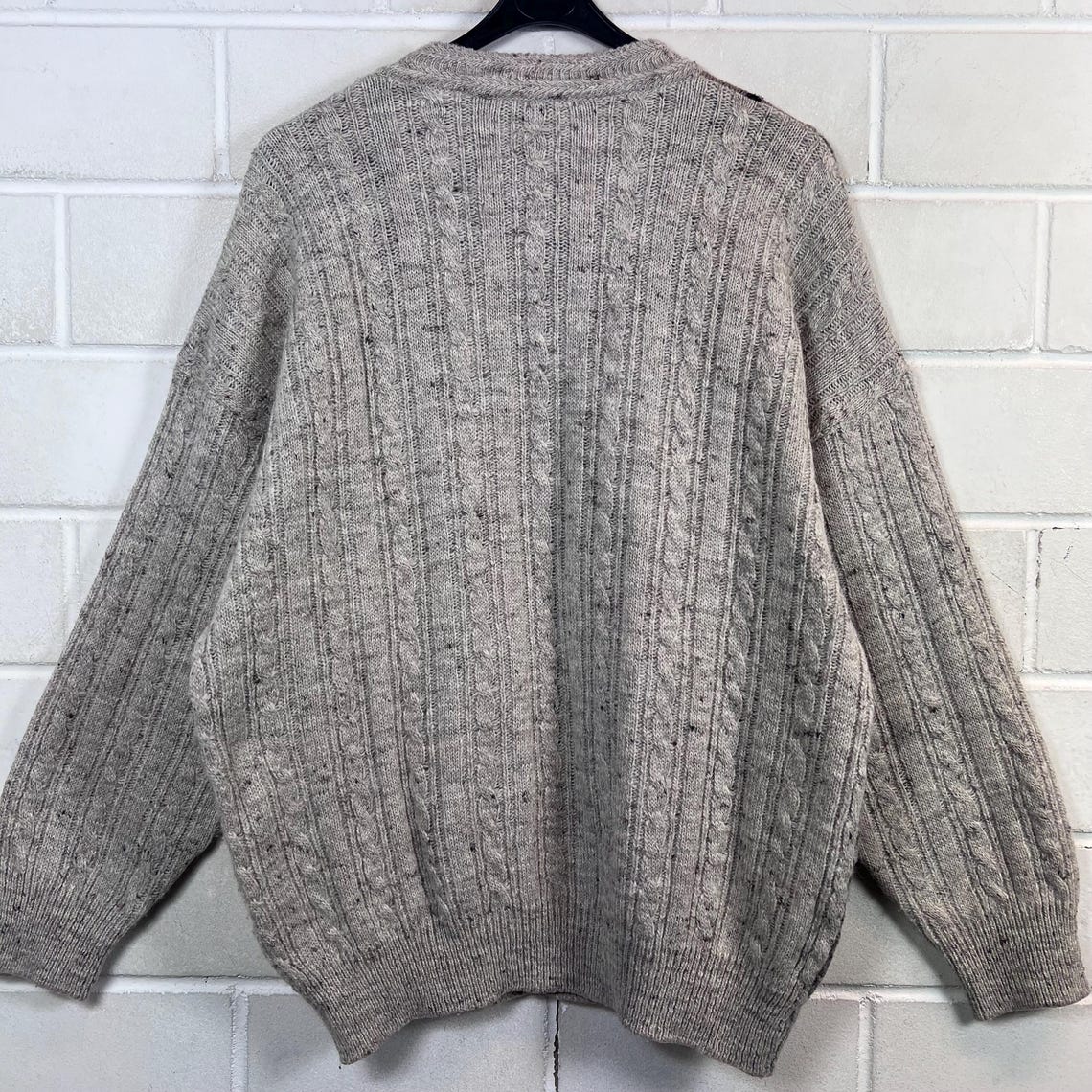 90s Vintage Strickpullover Enzo Lorenzo Patchwork Muster Beige Grau Schwarz | Wool Blend Knit Sweater L Oversize, photo 2 sur 5