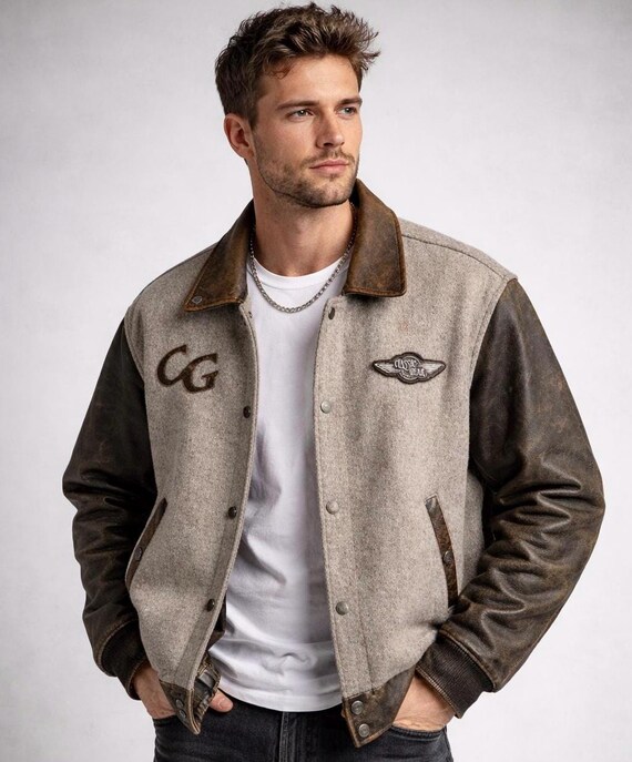 Vintage Wool & Leather Varsity Jacket M – 90s Biker Style Jacket – Classic Gear Heavy Leather Brown