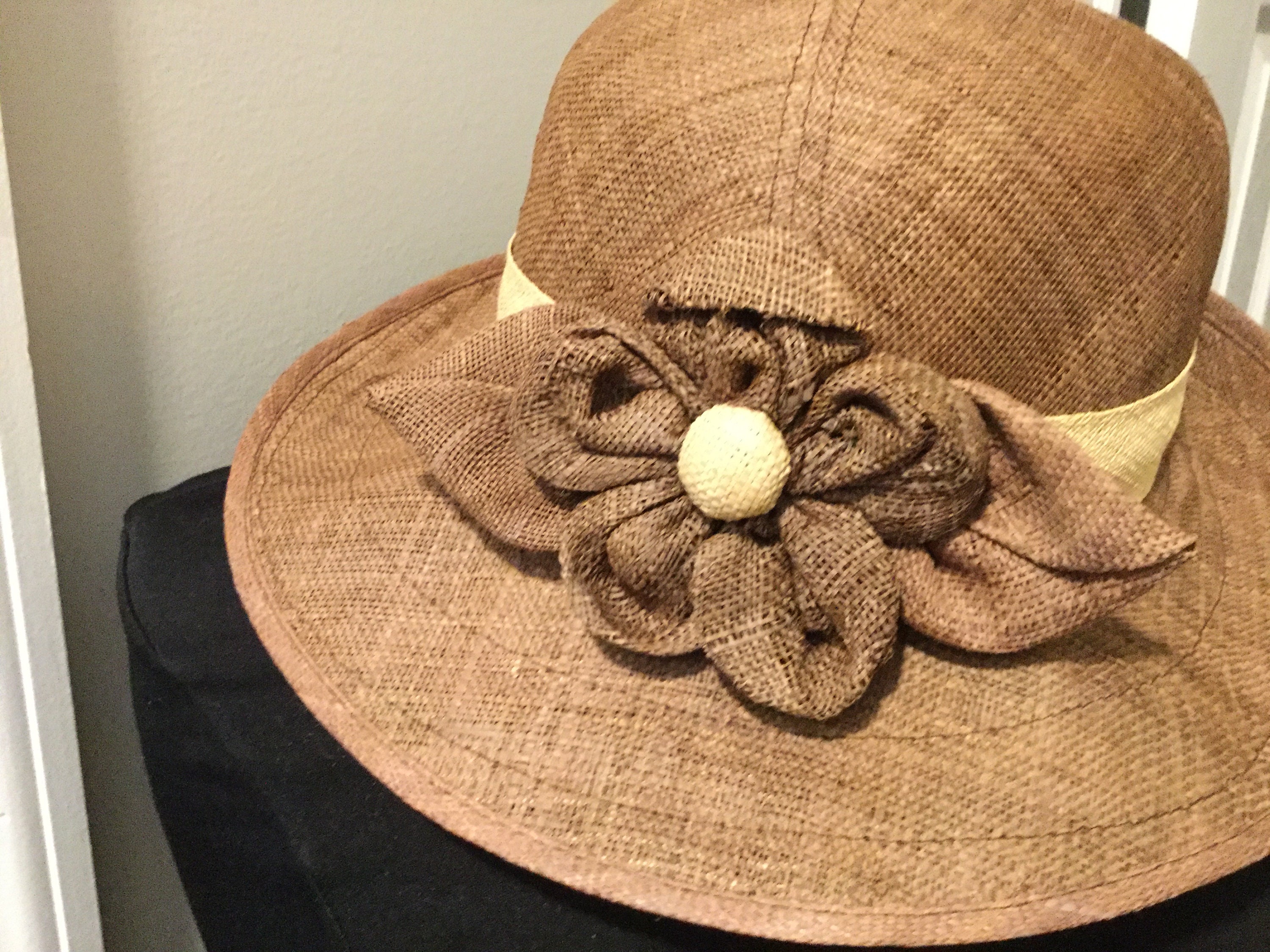 Vintage Lord & Taylor Straw Hat Wide Brim Flowers Vintage Gathered Taffeta Hat Dark Blue with Purple and  main image 2