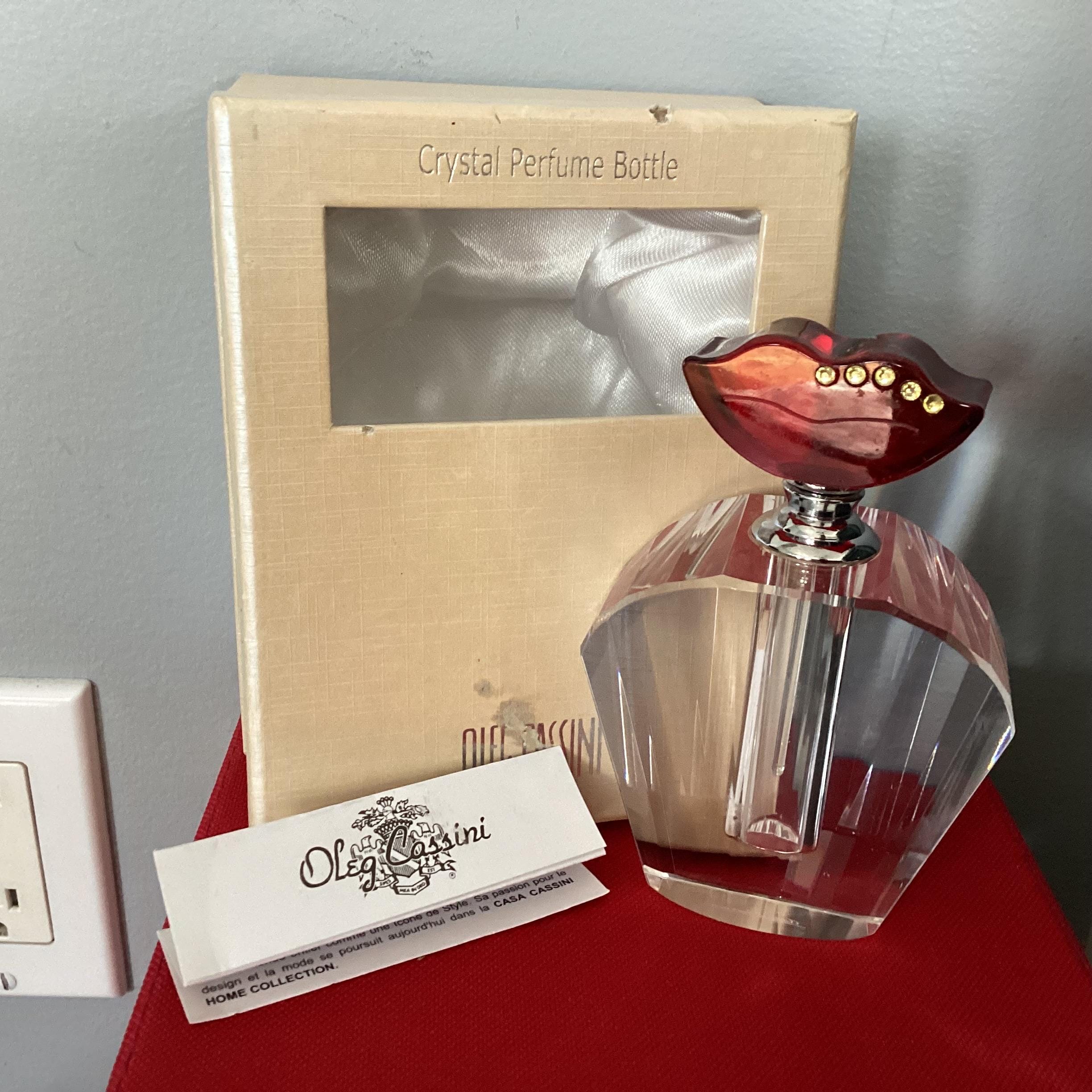 Oleg Cassini Crystal Square Perfume Bottle With Red Heart Stopper