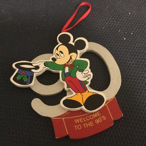 Disney & Kurt Alder Mickey &quot;Welcome to the 90&#39;s&quot;  Wood Christmas Ornament/vintage walt disney christmas