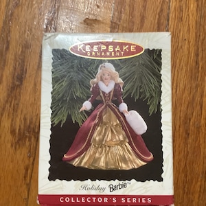 1996 hallmark holiday Barbie keepsake ornament 4th in celebration series gold dress muff winter #4/christmas ornament/barbie christmas