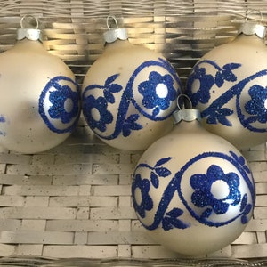 Vintage Style White Mercury Glass Christmas Ornament Painted blue floral  Glitter Set 3/vintage christmas ornaments