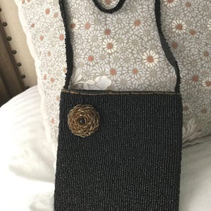 Vintage 1940&#39;s Black Pea Iridescent Carnival Glass Beaded Handbag Purse/crossbody/vintage beaded purse/boho crossbody handbag