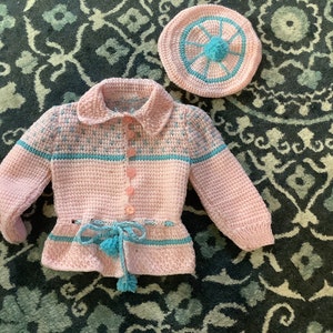 Hand crochet knit pink blue button down sweater and hat 2-3 year girls/handmade baby girl clothing/crochet clothing