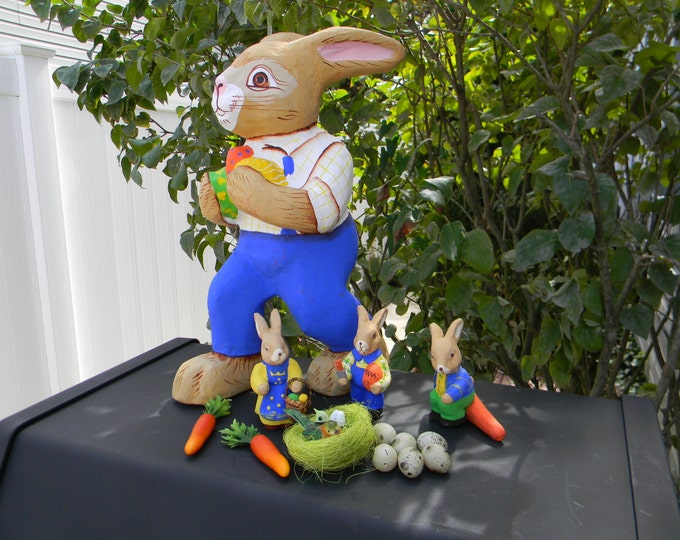 Vintage Large Paper Mache Peter Rabbit and Three Miniature Rabbits/bird