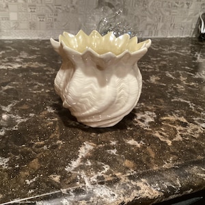 May include: A cream-colored, ceramic vase with a seashell design. The vase has a ruffled top and a textured, swirling pattern on the body. The interior of the vase is a light yellow color.