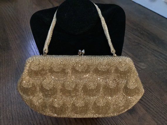 vintage 1950's gold handcrafter seed beaded eveni… - image 1