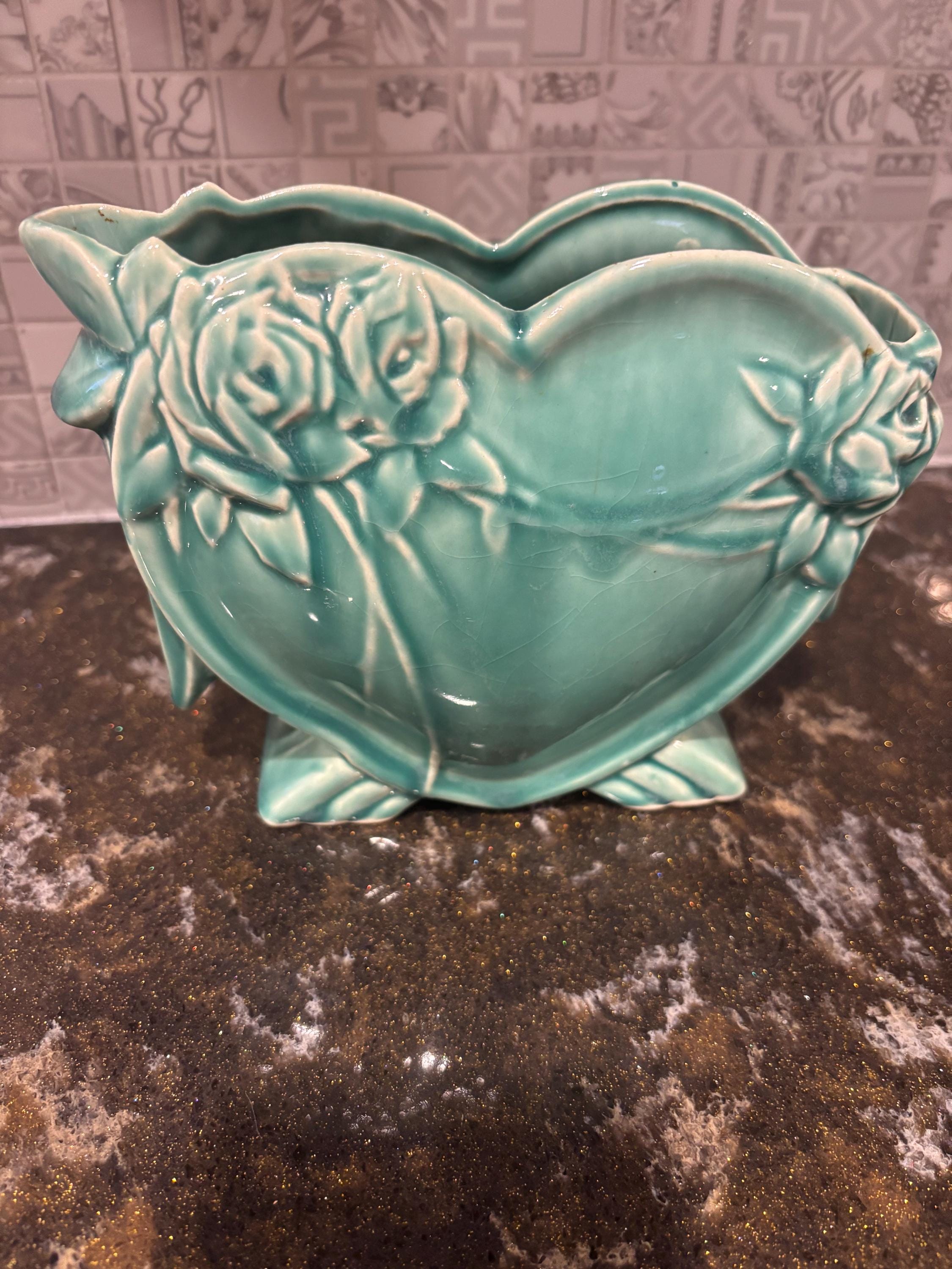 Vintage Mccoy Aqua Heart and Roses Vase Planter USA Art Pottery - Etsy