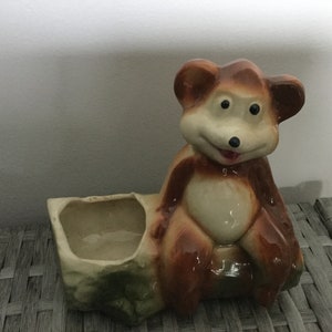 Vintage Planter Bear Sitting On Log Hand Painted Japan /1950&#39;s planters/bear planters
