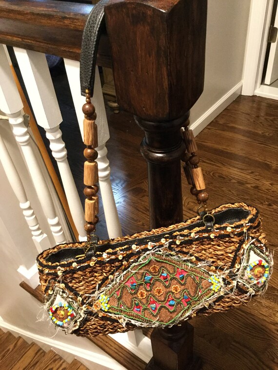 Mary Francis Rattan Beaded Shoulder Handbag /ratta