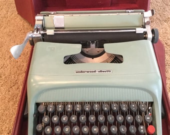 Vintage OLIVETTI Lettera Barcelona, Spain; Blue Typewriter in Original Carrying Case