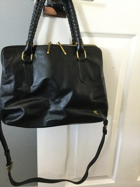 Elliott Lucca Black Glazed Leather Shoulder Bag Satchel Purse 