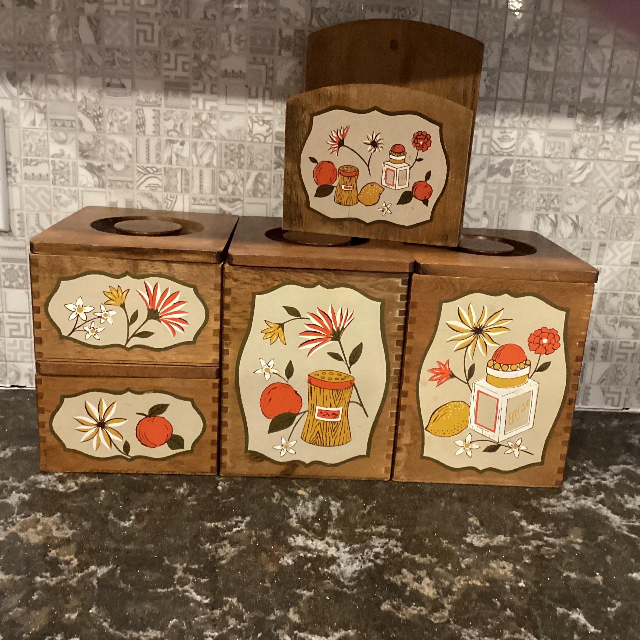 vintage woodpecker products Made In Japan Wooden Nesting Canisters Set/retro canister kitchen decor
