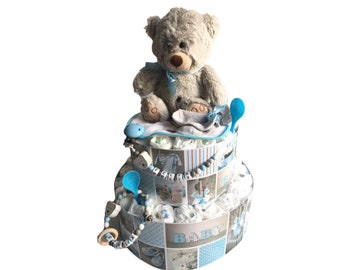 Windeltorte Teddybär blau  personalisiert  ...   auch in ROSA erhältlich Taufe Geburt Party Name Baby Shower Geschenk Kuchen Torte