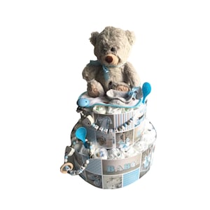 Diaper cake teddy bear blue personalized ... also available in PINK Baptism Birth Party Name Baby Shower Gift Cake Cake image 1