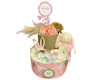 Diaper cake rabbit pink white boho nature cake birth baptism gift baby cake baby shower baby party grasses macrame