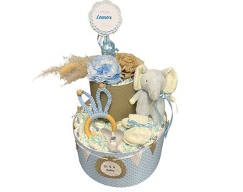 Diaper Cake Elephant Blue White Boho Nature Cake Birth Baptism Gift Baby Cake Baby Shower Baby shower Grasses Macramé