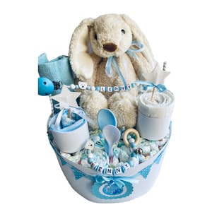 Diaper cake bunny blue white personalized...also available in pink.. image 1