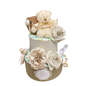 Torta di pannolini orsacchiotto pom pom beige naturale boho baby shower baby shower nascita battesimo regalo torta bambino regalo