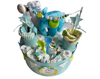 Windeltorte Elefant lemon blau weiss Taufe Geburt Geschenk Baby Shower Party Name