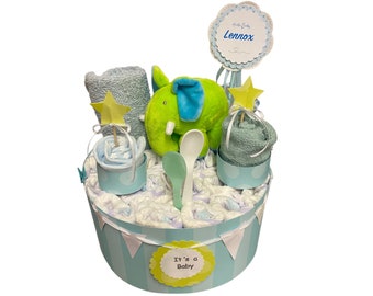 Diaper cake elephant lemon blue white